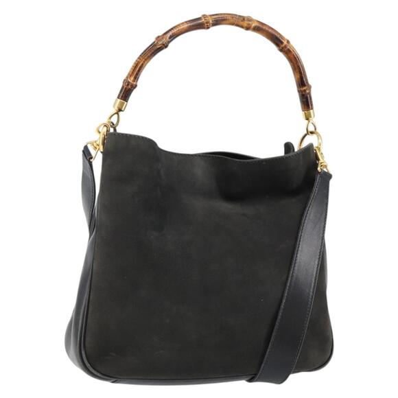 GUCCI Bamboo Hand Bag Leather Black Gold 001 2113 001 2113 - Picture 1 of 12
